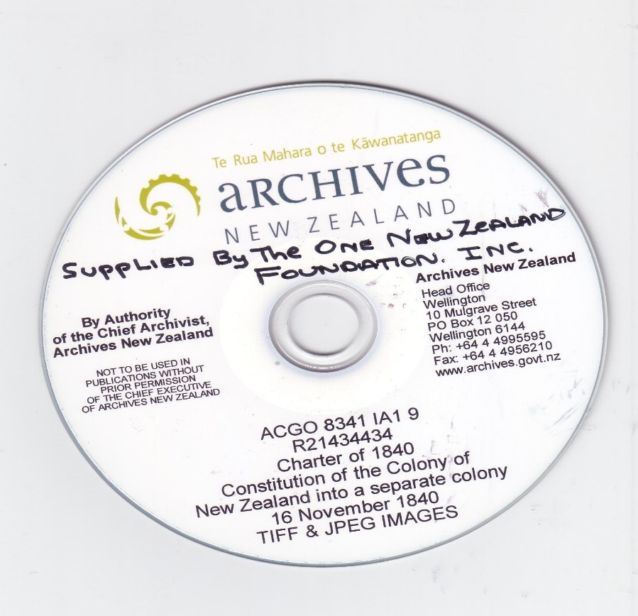 Archives New Zealand disc containing the Charter of 1840